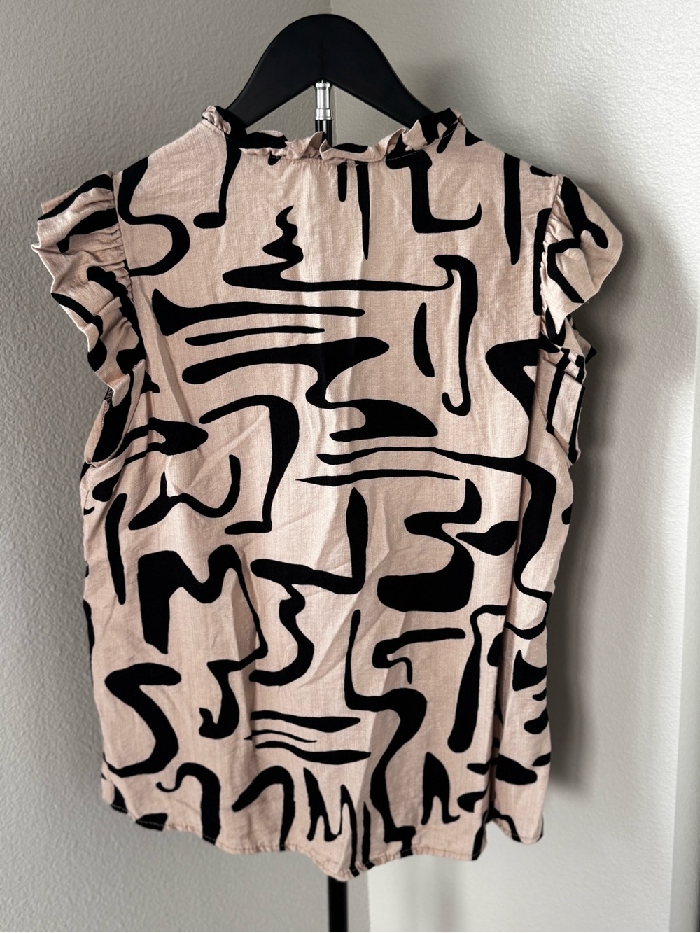 Women’s Abstract Print Ruffle Sleeve Blouse - Black on Blush - Picture 2 of 3